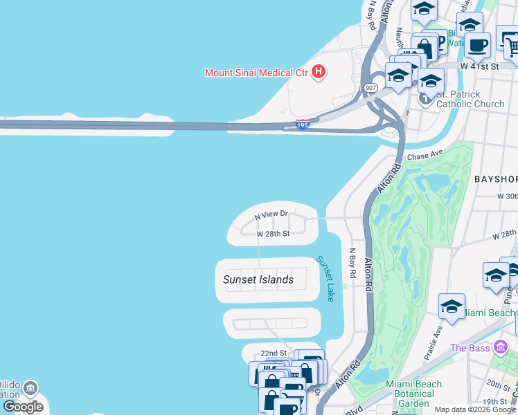 map of restaurants, bars, coffee shops, grocery stores, and more near 1633 North View Drive in Miami Beach