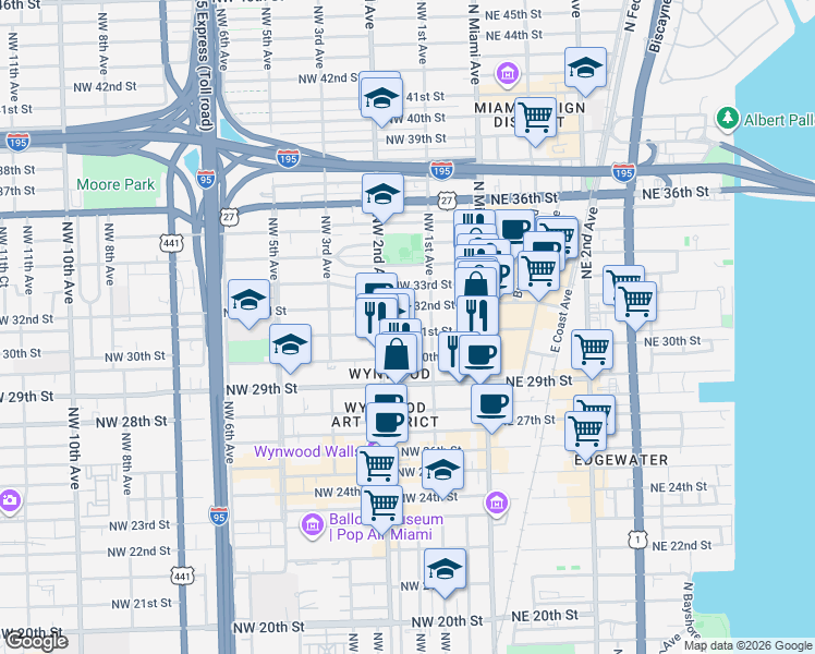 map of restaurants, bars, coffee shops, grocery stores, and more near 145 Northwest 31st Street in Miami