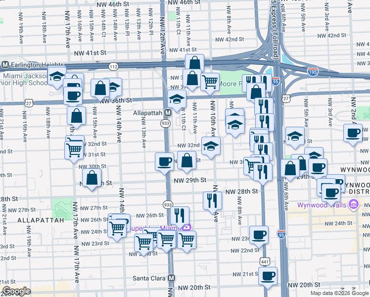 map of restaurants, bars, coffee shops, grocery stores, and more near 1129 Northwest 31st Street in Miami