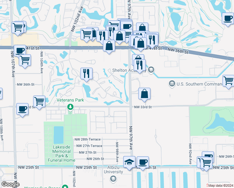 map of restaurants, bars, coffee shops, grocery stores, and more near 9705 Dania Lane in Doral