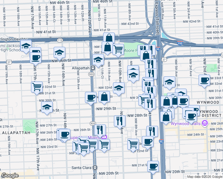 map of restaurants, bars, coffee shops, grocery stores, and more near 1055 Northwest 31st Street in Miami