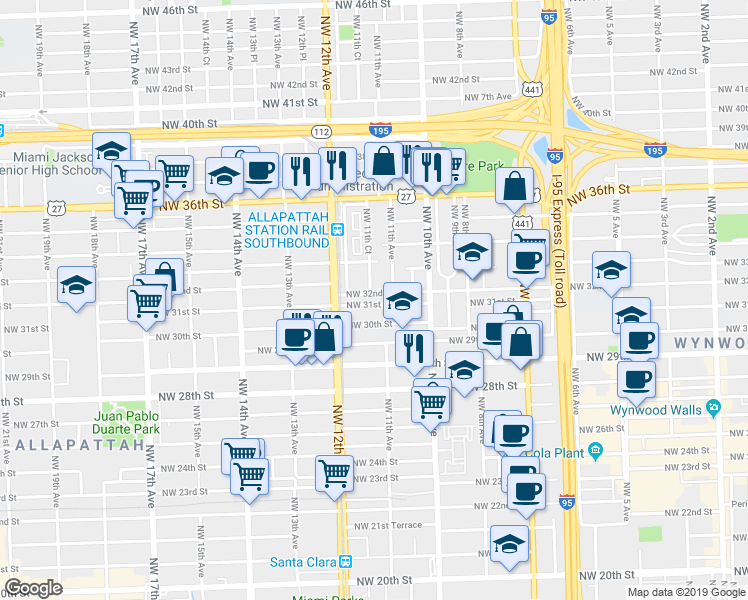map of restaurants, bars, coffee shops, grocery stores, and more near 1119 Northwest 31st Street in Miami
