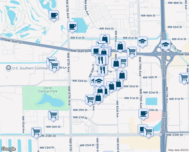 map of restaurants, bars, coffee shops, grocery stores, and more near 3384 Northwest 84th Avenue in Miami