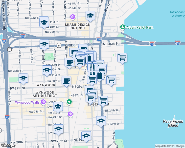 map of restaurants, bars, coffee shops, grocery stores, and more near 3030 Northeast 2nd Avenue in Miami