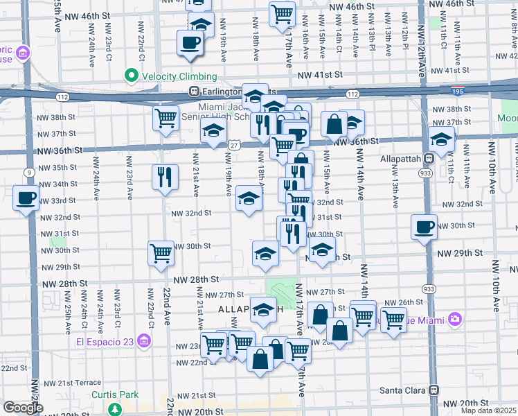 map of restaurants, bars, coffee shops, grocery stores, and more near 3200 Northwest 18th Avenue in Miami