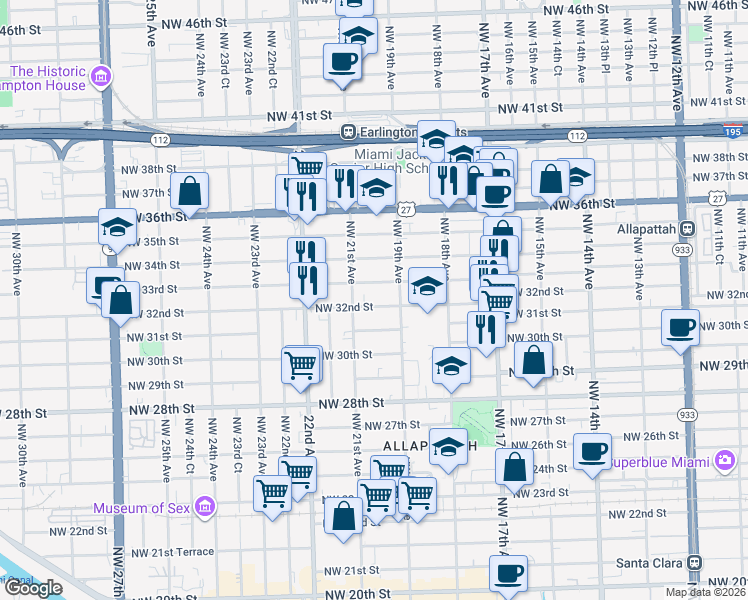 map of restaurants, bars, coffee shops, grocery stores, and more near 1947 Northwest 32nd Street in Miami