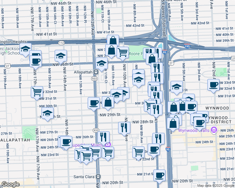 map of restaurants, bars, coffee shops, grocery stores, and more near 1055 Northwest 31st Street in Miami