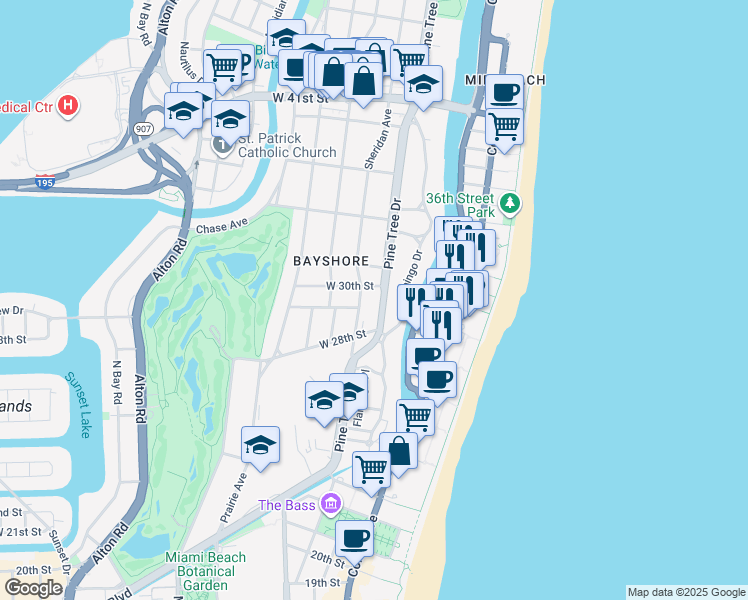 map of restaurants, bars, coffee shops, grocery stores, and more near 2905 Sheridan Avenue in Miami Beach