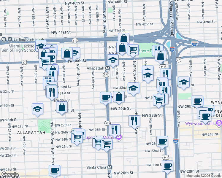 map of restaurants, bars, coffee shops, grocery stores, and more near in Miami