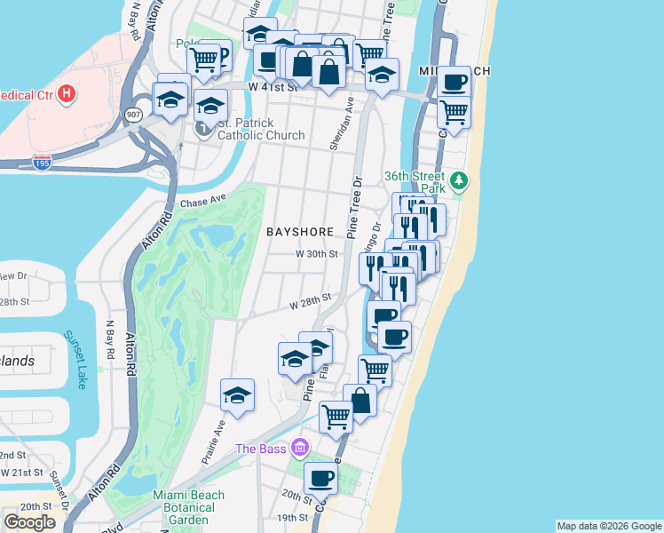 map of restaurants, bars, coffee shops, grocery stores, and more near 2905 Sheridan Avenue in Miami Beach