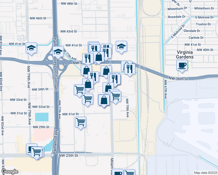 map of restaurants, bars, coffee shops, grocery stores, and more near 3390 Northwest 72nd Avenue in Miami