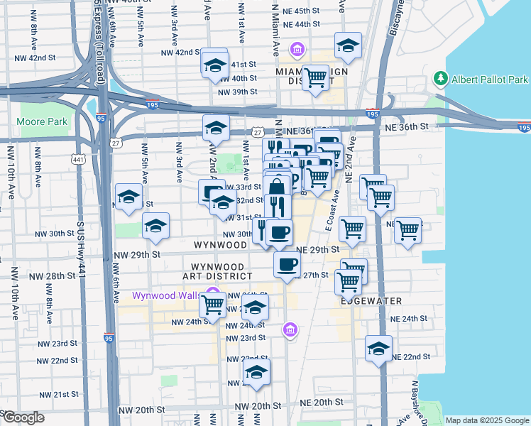 map of restaurants, bars, coffee shops, grocery stores, and more near 41 Northwest 31st Street in Miami