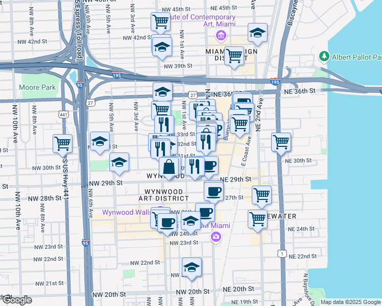 map of restaurants, bars, coffee shops, grocery stores, and more near 105 Northwest 31st Street in Miami