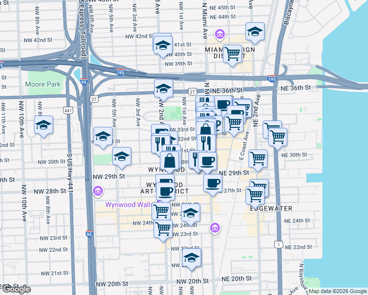 map of restaurants, bars, coffee shops, grocery stores, and more near 105 Northwest 31st Street in Miami