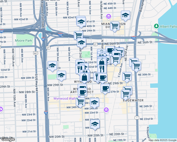 map of restaurants, bars, coffee shops, grocery stores, and more near 105 Northwest 31st Street in Miami