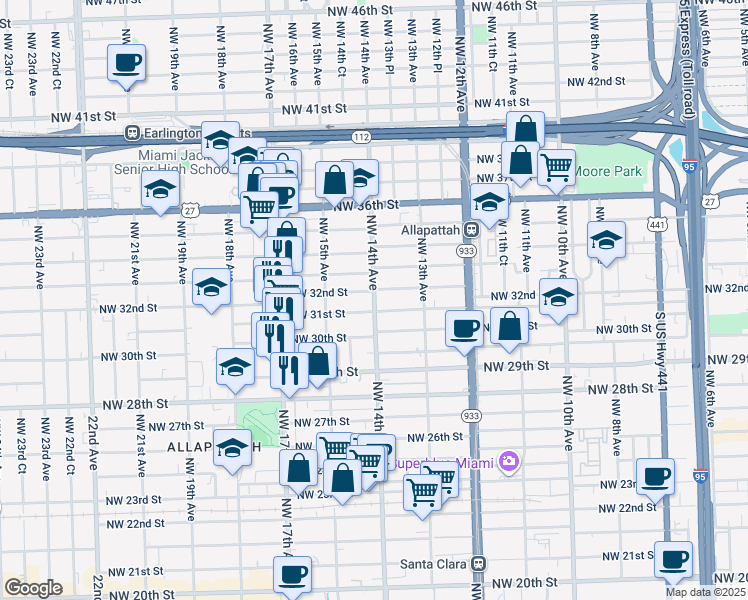 map of restaurants, bars, coffee shops, grocery stores, and more near 3118 Northwest 14th Avenue in Miami