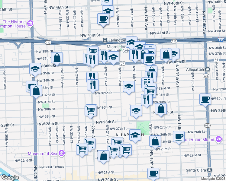 map of restaurants, bars, coffee shops, grocery stores, and more near 1947 Northwest 32nd Street in Miami