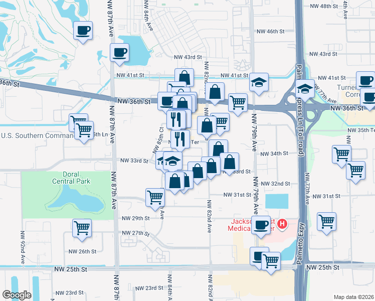 map of restaurants, bars, coffee shops, grocery stores, and more near 8272 Northwest 34th Street in Doral