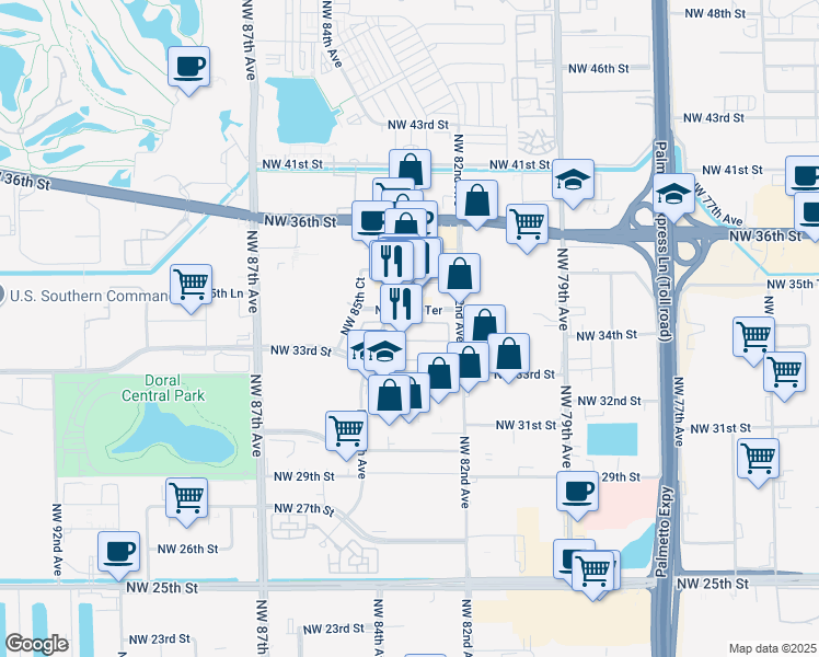 map of restaurants, bars, coffee shops, grocery stores, and more near 8272 Northwest 34th Street in Doral