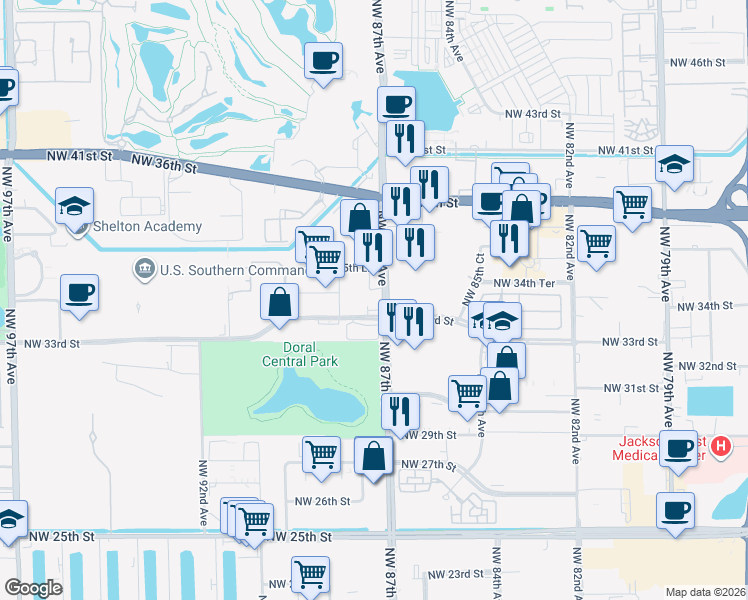 map of restaurants, bars, coffee shops, grocery stores, and more near 3300 Northwest 87th Avenue in Doral