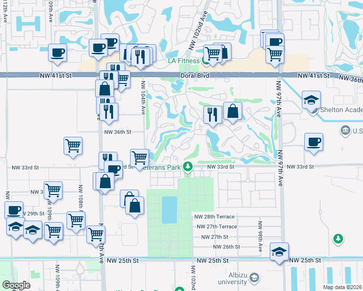 map of restaurants, bars, coffee shops, grocery stores, and more near 3434 Torremolinos Avenue in Doral