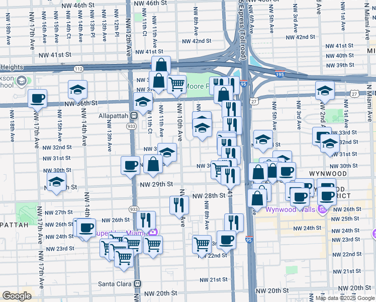 map of restaurants, bars, coffee shops, grocery stores, and more near 3100 Northwest 9th Avenue in Miami