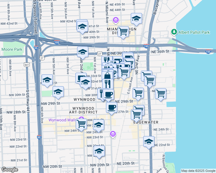 map of restaurants, bars, coffee shops, grocery stores, and more near 41 Northwest 31st Street in Miami