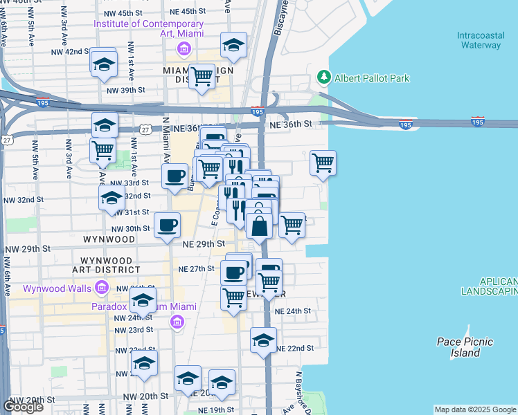 map of restaurants, bars, coffee shops, grocery stores, and more near in Miami