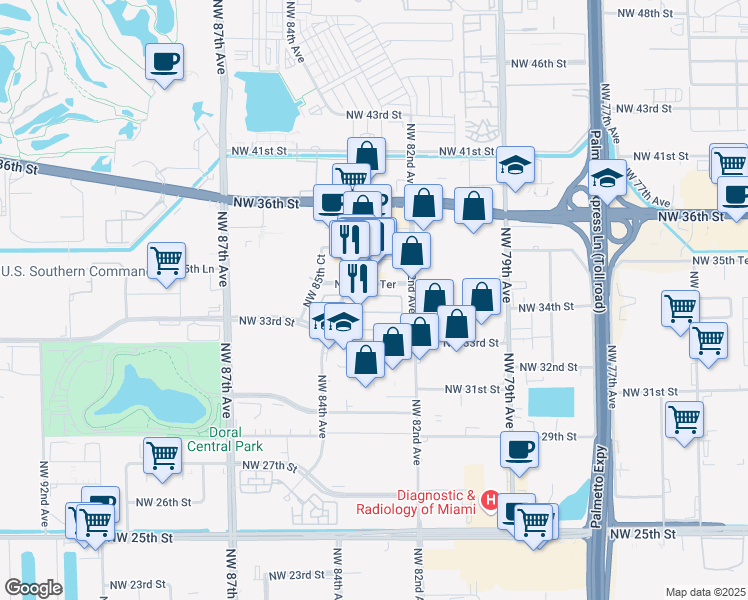 map of restaurants, bars, coffee shops, grocery stores, and more near 8272 Northwest 34th Street in Doral