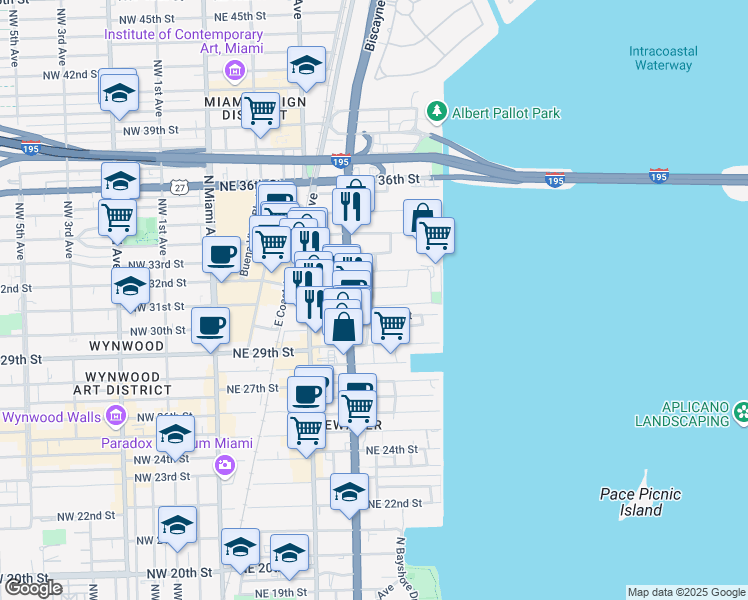 map of restaurants, bars, coffee shops, grocery stores, and more near 3055 Northeast 4th Avenue in Miami