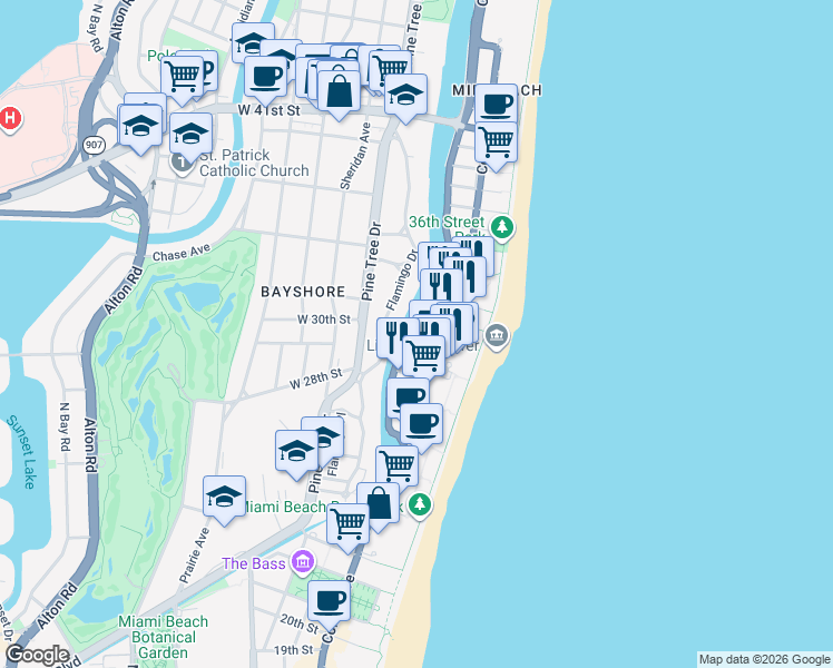 map of restaurants, bars, coffee shops, grocery stores, and more near 232 30th Street in Miami Beach