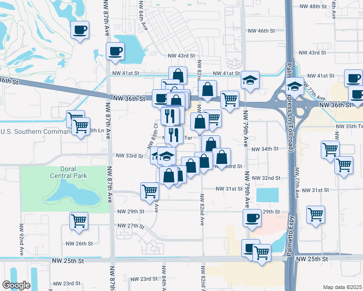 map of restaurants, bars, coffee shops, grocery stores, and more near 8272 Northwest 34th Street in Doral