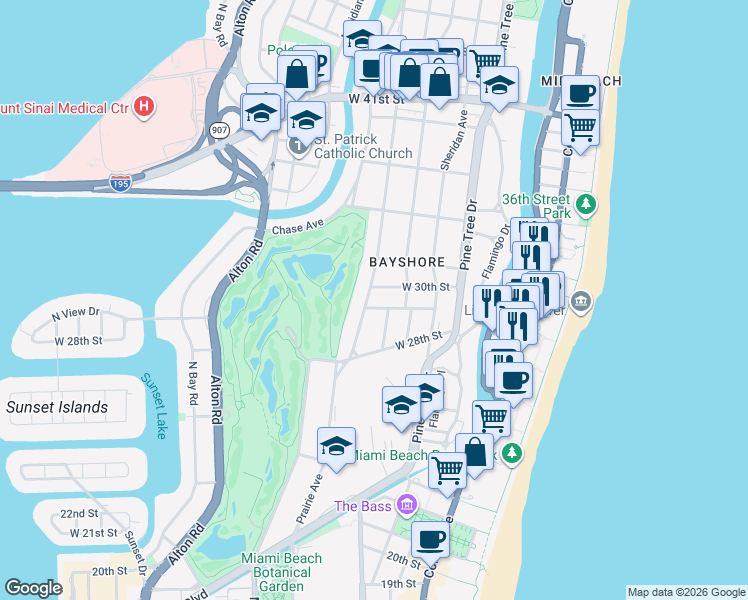 map of restaurants, bars, coffee shops, grocery stores, and more near 2915 Prairie Avenue in Miami Beach