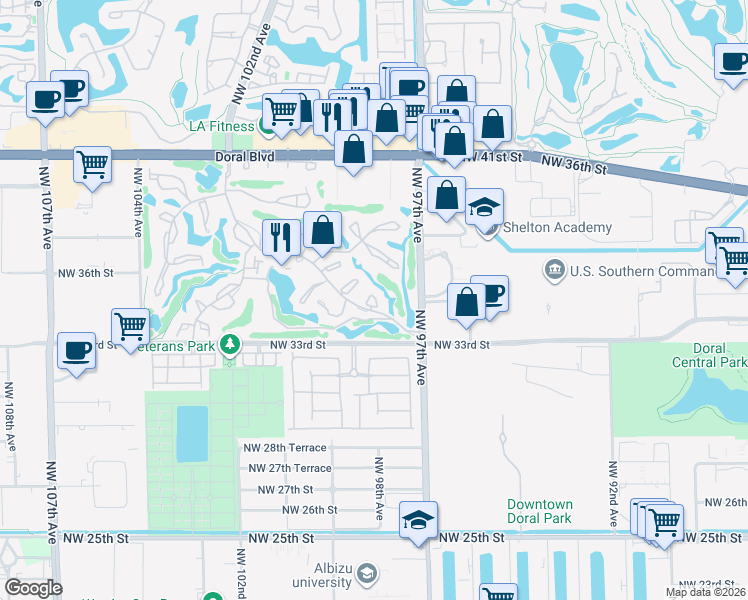 map of restaurants, bars, coffee shops, grocery stores, and more near 9705 Dania Lane in Doral