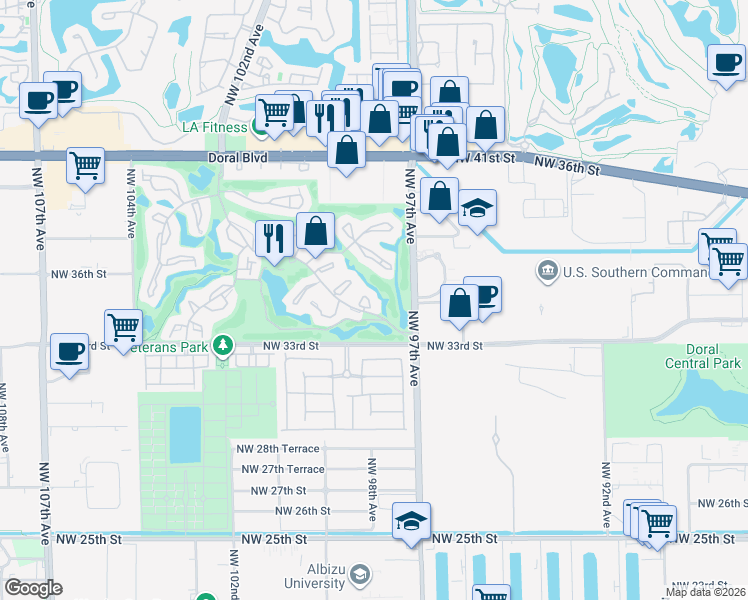 map of restaurants, bars, coffee shops, grocery stores, and more near 9705 Dania Lane in Doral
