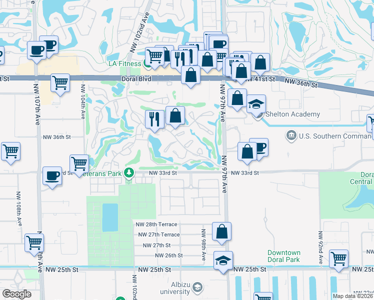 map of restaurants, bars, coffee shops, grocery stores, and more near 9836 Costa Del Sol Boulevard in Doral
