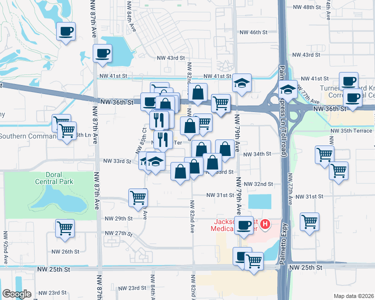 map of restaurants, bars, coffee shops, grocery stores, and more near 3467 Northwest 82nd Court in Doral