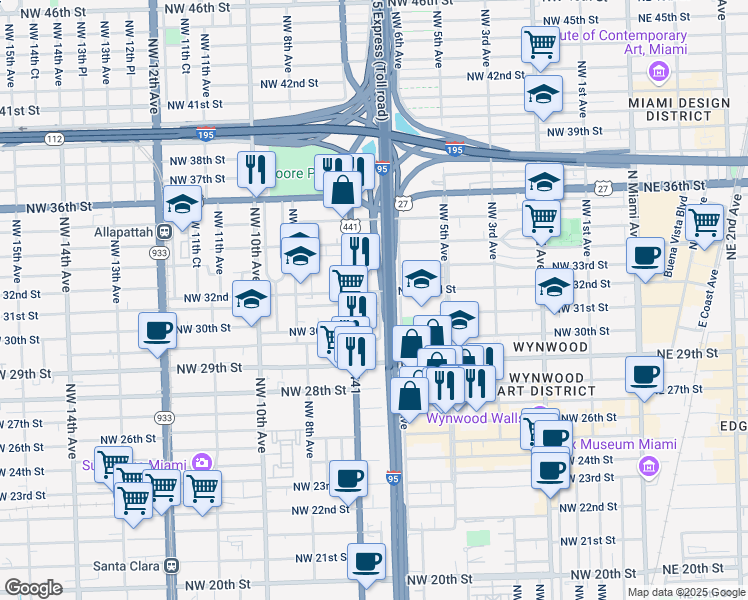 map of restaurants, bars, coffee shops, grocery stores, and more near 659 Northwest 31st Terrace in Miami