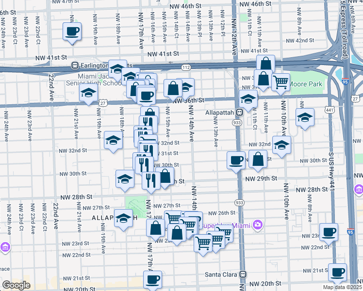 map of restaurants, bars, coffee shops, grocery stores, and more near 3118 Northwest 14th Avenue in Miami