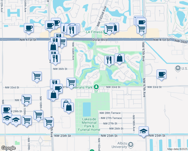 map of restaurants, bars, coffee shops, grocery stores, and more near 3449 Torremolinos Avenue in Doral