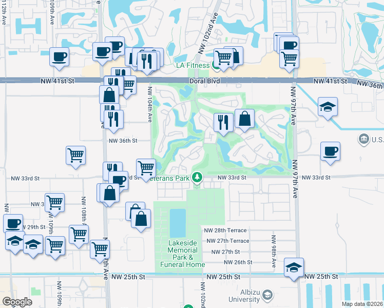 map of restaurants, bars, coffee shops, grocery stores, and more near 3434 Torremolinos Avenue in Doral