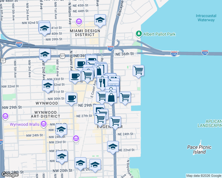 map of restaurants, bars, coffee shops, grocery stores, and more near in Miami