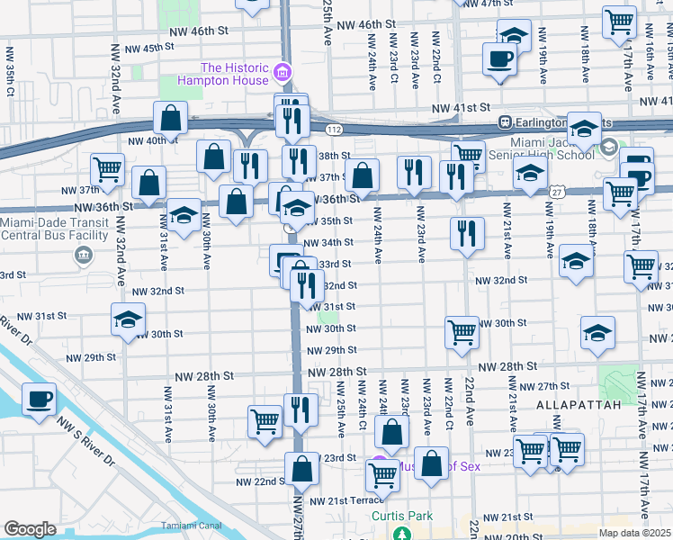 map of restaurants, bars, coffee shops, grocery stores, and more near 3250 Northwest 25th Avenue in Miami
