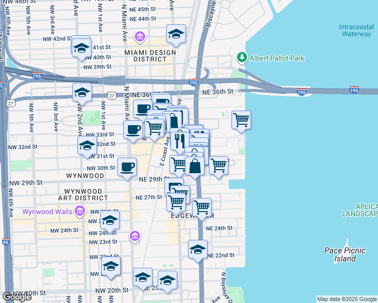 map of restaurants, bars, coffee shops, grocery stores, and more near in Miami