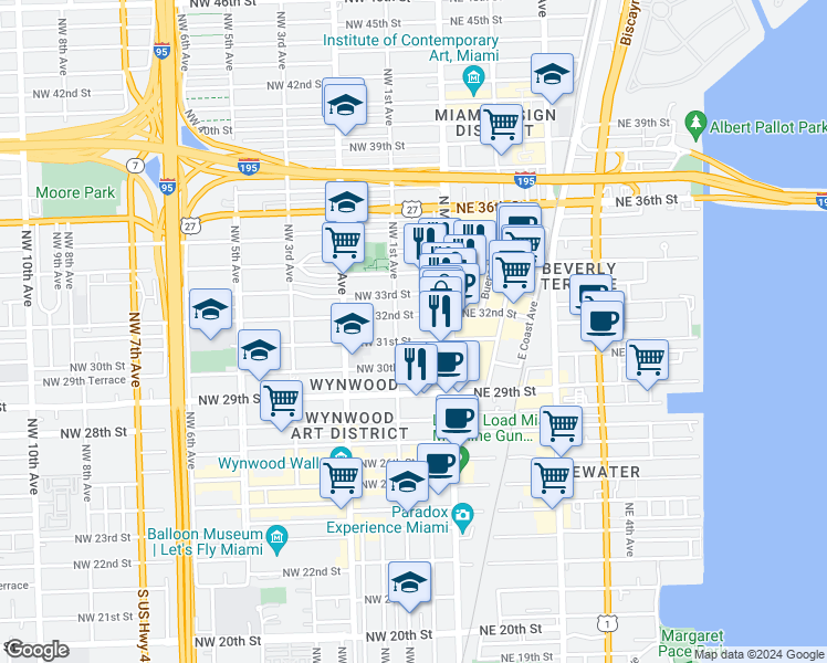 map of restaurants, bars, coffee shops, grocery stores, and more near 41 Northwest 31st Street in Miami
