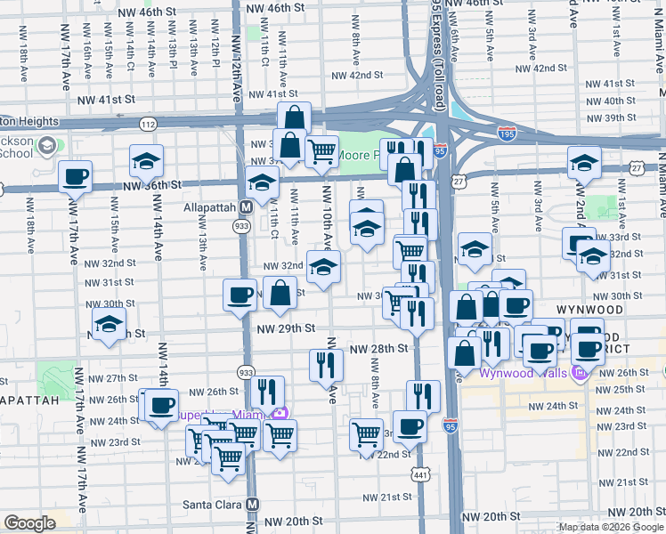 map of restaurants, bars, coffee shops, grocery stores, and more near 3100 Northwest 9th Avenue in Miami