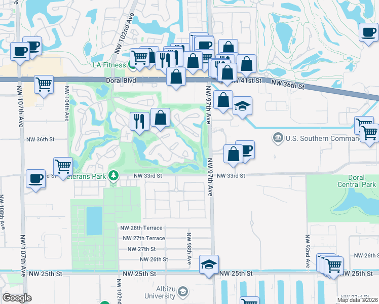 map of restaurants, bars, coffee shops, grocery stores, and more near 9705 Dania Lane in Doral