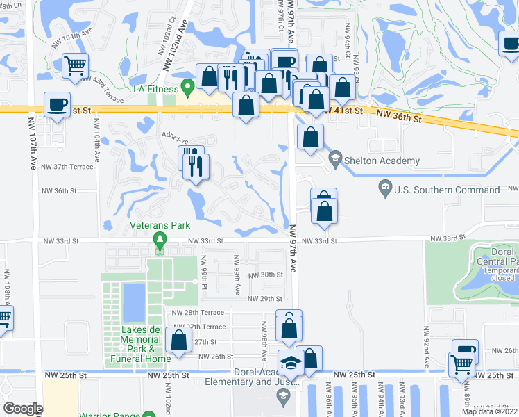 map of restaurants, bars, coffee shops, grocery stores, and more near 9705 Dania Lane in Doral
