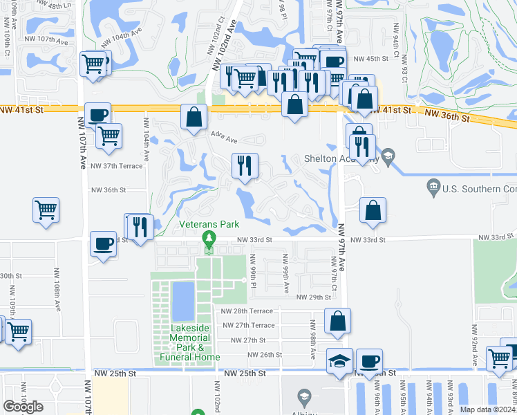 map of restaurants, bars, coffee shops, grocery stores, and more near 9930 Costa Del Sol Boulevard in Doral