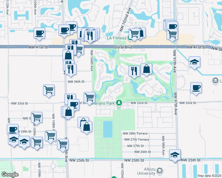 map of restaurants, bars, coffee shops, grocery stores, and more near 3434 Torremolinos Avenue in Doral